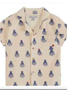 Emile et Ida Octopus Allover Terry Sponge Button Down Shirt Z107 (Blue/Ivory) 4T